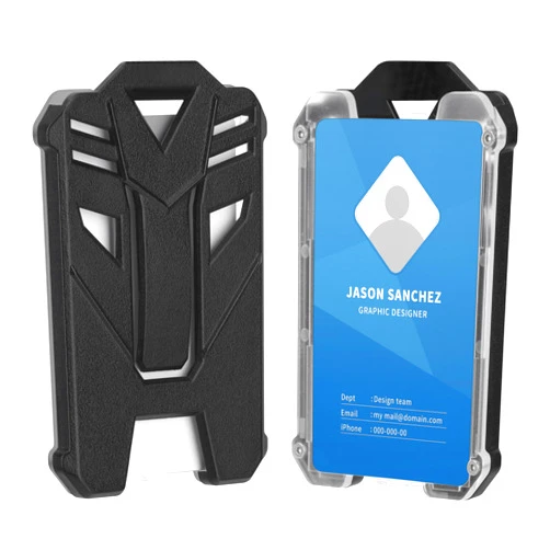 Techion 2 Pack Badge Holders, Hard Plastic ID Card Holder with Full Front Clear Window and Holds 5 Cards for Office, School - Vertical Black