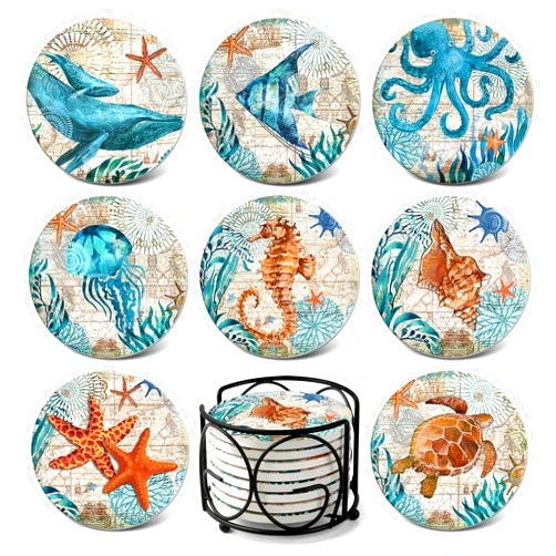 Teivio Absorbing Stone Sea Ocean Life Coasters for Drinks, Cork Base with Holder,Coastal Decor Beach Theme Tropical,for Housewarming Apartment Kitchen Bar Decor, For Wooden Table Coffee table,Set of 8