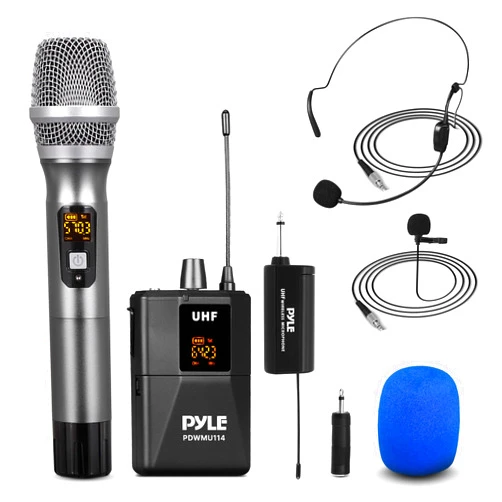 Pyle UHF Wireless Microphone System Kit - Portable Professional Cordless Microphone Set Wireless Mic - Headset, Lavalier, Beltpack Transmitter, Receiver - Karaoke, Conference PDWMU114, Black