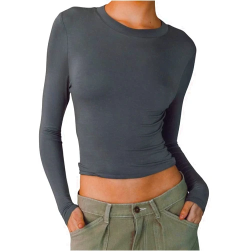 Ovanviso Women's Crewneck Long Sleeve Crop Tops Casual Slim Fit Shirts Y2K Going Out Tops 2024