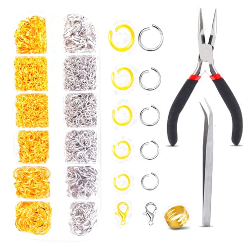 ANZLAH Open Jump Rings and Lobster Clasps Jewelry Fixing Kit (1200 pcs Gold and Silver) with a Bent Nose Jump Ring Pliers, Tweezers, and a Jump Ring Opener (O Rings for Jewelry Making)