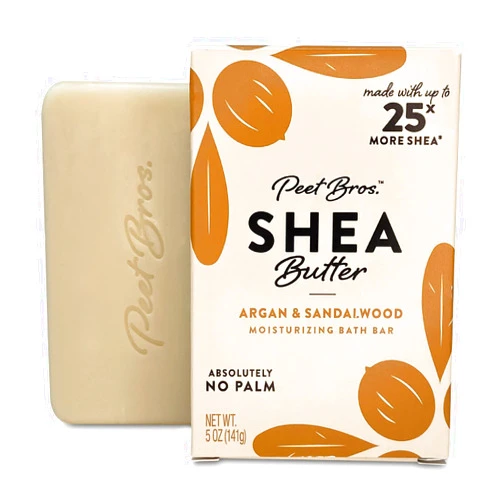 Peet Bros. Shea Butter Bar Soap - Argan & Sandalwood Moisturizing Soap Bar - Vegan, Palm Oil-Free Soap Bar - Up to 25x More Shea Butter - No Artificial Fragrances - Made in USA - 5 oz
