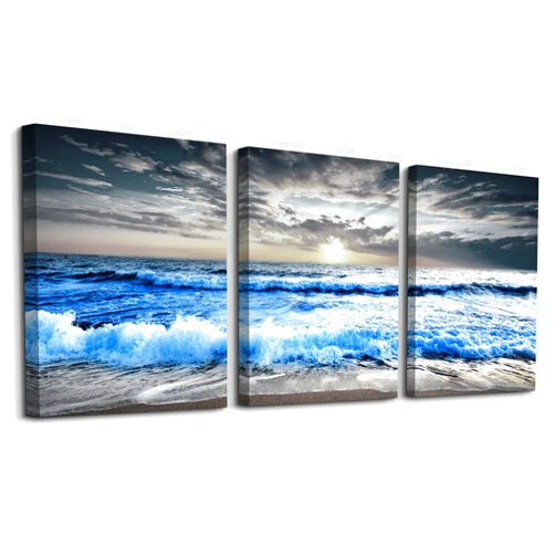 MHARTK66 Wall Decorations For Living Room 3 Piece Canvas Wall Art For Bedroom Office Wall Decor Blue Ocean Wave Seascape Pictures Artwork Black And White Beach Wall Painting Art Modern Home Decor