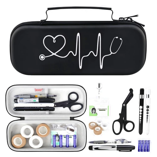 BOVKE 15 Pcs Stethoscope Case Sets Medical Supplies Include Stethoscope Case, Medical Scissors, 2 Penlights with Batteries, Bandage Wraps, Name Card Holder for Nursing School Tool Kits, Black