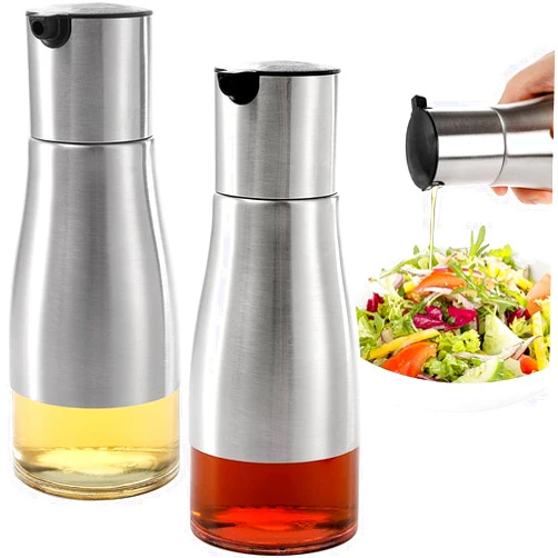 Tebery 2 Pack Silver Olive Oil and Vinegar Dispenser Set, 10OZ Oil Dispenser Cruet with Easy & Drip Free Pouring, Elegant Stainless Steel with Glass Bottom