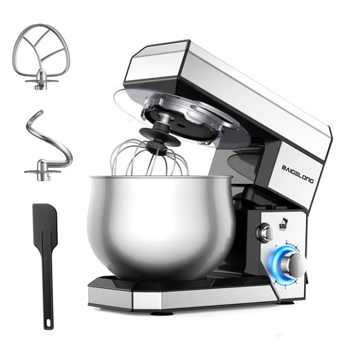 BAIGELONG Stand Mixer,5.3Qt Small Electric Food Mixer, Tilt-Head Food Mixer with Dishwasher,6 Speeds Portable Lightweight Kitchen Mixer for Daily Use with Egg Whisk,Dough Hook,Flat Beater (Silver)