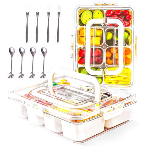 JFWJSA Snackle Box Container Stackable Snack Containers 8 Compartments Divided Snack Tray with Clear Lid and Handle Travel Snack Organizer for Kitchen Picnic School 2Pcs White