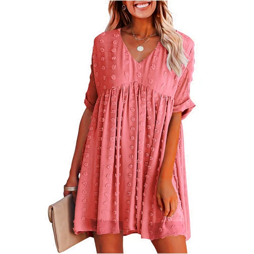 KIRUNDO Womens Summer Dresses 2024 Casual V Neck Short Sleeve Swiss Dot Ruffle Loose Flowy Mini Babydoll Dress