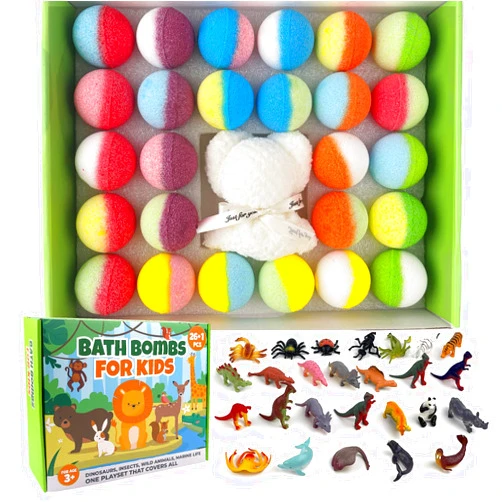 Yekery Kids Bath Bombs with Surprise Inside, 26pcs Bath Bombs with Toys and 1 Bear Towel Gift for Boys/Girls, Party Favors for Kids Natural Organic Bubble Bath with Animals Bath Bombs for Christmas
