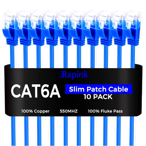 Rapink Patch Cables Cat6a 10ft (10 Pack) Slim, Cat6a Ethernet Patch Cable 10G Support, Snagless Cat 6 Patch Cable for Patch Panel to Switch, Flexiable Cat 6a Ethernet Cable with Gold Plated
