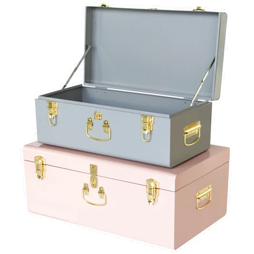 Vixdonos Decorative Metal Box Storage Trunks Set of 2 College Dorm Chest with Lock Hole,23.7X14.2X9.5 Inches(Grey and Pink)