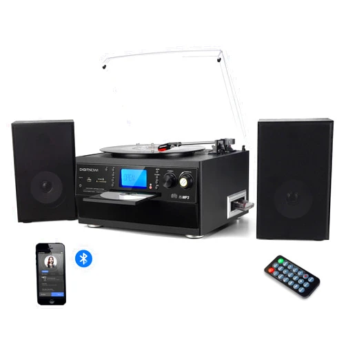 DIGITNOW Bluetooth Record Player Turntable with Stereo Speaker, LP Vinyl to MP3 Converter with CD, Cassette, Radio, Aux in and USB/SD Encoding, Remote Control, Audio Music Player Built in Amplifier