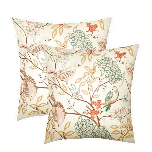 KSLIDS Vintage Bird Floral Pillow Covers 18x18 Inch Set of 2 Pink Green Yellow Flower Leaves Decorative Throw Pillows For Couch Chinoiserie Cases Farmhouse Home Decor Sofa Bed Porch Outdoor