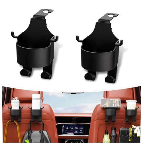 Getfay 2 Pack Car Seat Headrest Hook with Cup Mount, 3 in 1 Multifunctional Vehicle Storage Hook Replacement, Universal Waterproof Automotive Organizer Accessories for Truck SUV Car (Black)