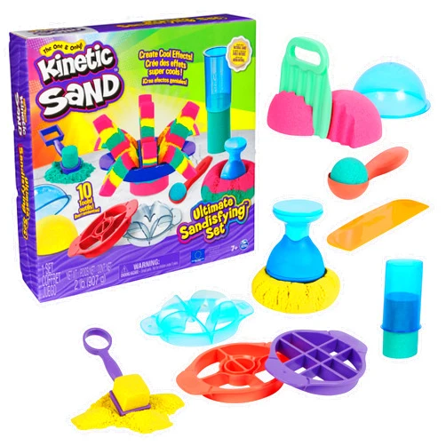 Kinetic Sand Ultimate Sandisfying Set, 2lb of Pink, Yellow and Teal Play Sand, 10 Molds and Tools, Sensory Toys for Kids Ages 7+