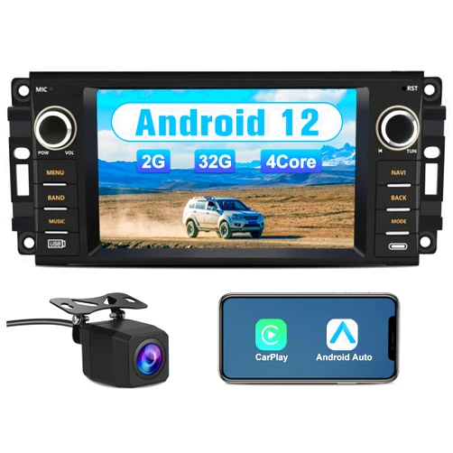 J Junsun Android 12 Car Radio Stereo for Jeep Wrangler Dodge RAM Avenger Challenger Chrysler, 7 Inch Touch Screen with Wireless CarPlay Android Auto Backup Camera