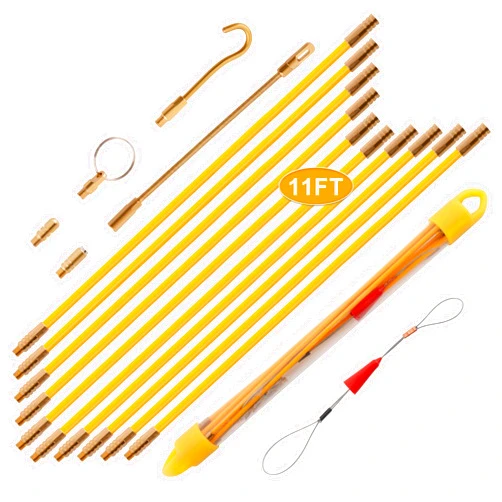 KOOTANS 11FT Fiberglass Running Electrical Wire Cable Glow Rods Wire Pulling Tools Fish Tape Cable Puller Through Wall Cable Snake Fish Rods Kit with Different Attachments