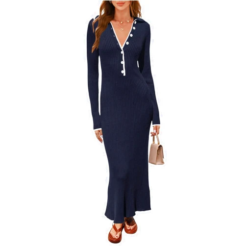 MEROKEETY Women's Long Sleeve V Neck Sweater Dress Button Ribbed Knit Slim Fit Elegant Maxi Dresses