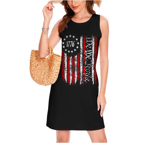 TMSD Women's July 4th Independence Day Keyhole Neck Patriotic A-line Memorial Day Tank Mini Dress
