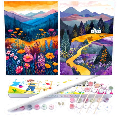 cupmod 2 Pack Rolled Landscape Paint by Numbers Kit on Canvas,Flower Painting by Number for Adults Beginners Without Frame,DIY Acrylic Oil Painting Kits for Home Wall Decor 12x16 inch