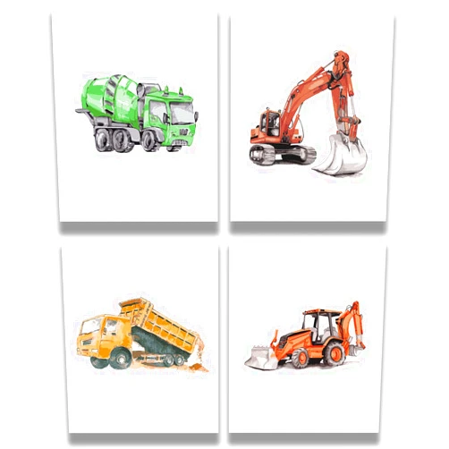 Govivo Boy's Bedroom Construction Vehicles Wall Art - Set of 4 (8x10) unframed prints Modern Nursery Room Decor for Boys - Toy Room and Playroom Wall Art for Boys - Great Gift for Kids Bedroom