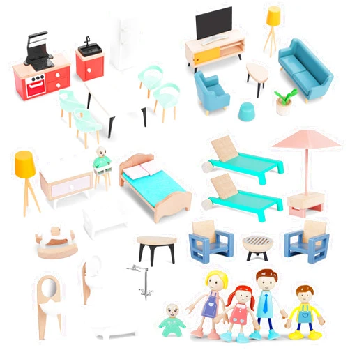 Giragaer Wooden Dollhouse Furniture Set, 43 Doll House Furniture and Accessories sete with 5 Family Dolls, Miniature Doll House Furniture Toys Pretend Play Gift for Girls Boys