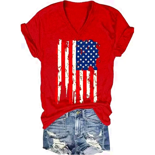TIXOM 4th of July V Neck Patriotic T-Shirts Women American Flag Print Faith Family Freedom Letter Casual Short Sleeve Tee Tops