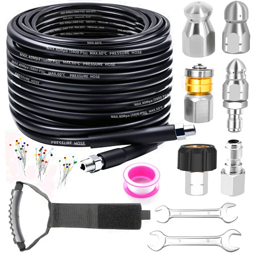 Zgqmcgy Sewer Jetter Kit for Pressure Washer, 100FT Drain Cleaner Hose 5800PSI with 1/4 Inch NPT Corner, Rotating Nozzle and 4 Different Button Nose Sewer Jet Nozzles, Waterproof Tape and 2 Spanners (Black)