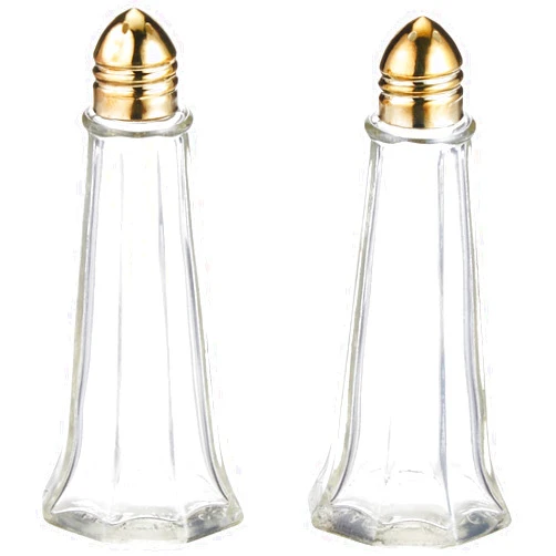 Update International 1 oz. (Ounce) Classic Tower Style Salt & Pepper Shaker, Restaurant Shakers, Polished Gold Top, Glass Body - Set of 2
