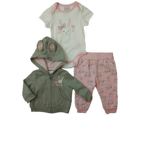 Quiltex Infant Girls Gray Some Bunny Loves Me Bodysuit Sweater 3-PC Outfit
