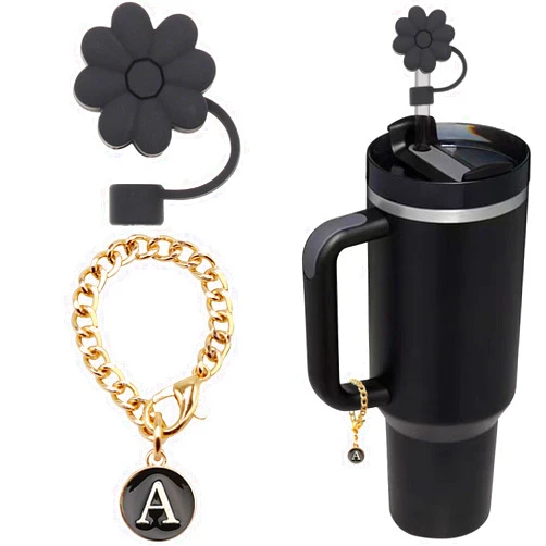 Wabogove Stanley Cup Accessories, 1pc Flower Stanley Straw Cover Silicone Straw Topper for Stanley 30&40 oz Tumbler with Handle and 1pc Initial Letter Charm for Stanley Cup (Letter A)