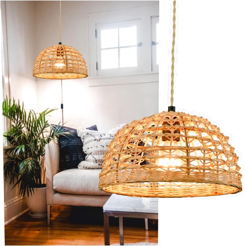 HYDELITE Plug in Pendant Light Rattan Hanging Light with Plug in Cord Boho Hanging Lamp Woven for Kitchen Island Living Room On/Off Switch