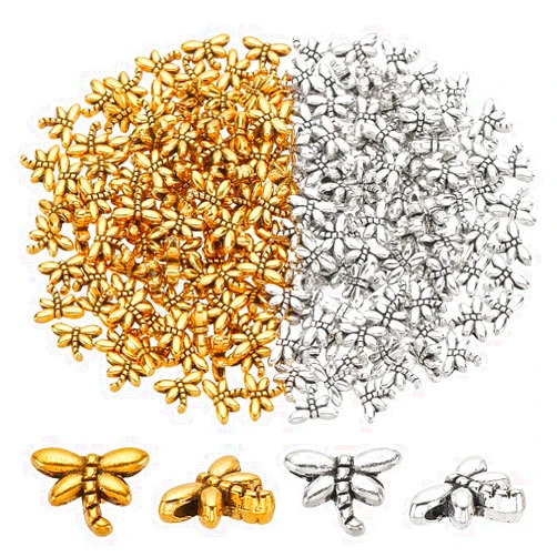 PH PandaHall 200pcs Antique Spacer Beads Metal Dragonfly Beads Tibetan Sliver GoldAnimal Charm Beads Spacer for DIY Necklace Bracelet Earring Craft Jewelry Making 6x8mm