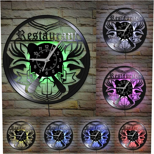 TIMEGLOW Restaurant Wall Clock, 12 Inch 7 Colors LED Lighted Kitchen Wall Clock, Silent Quartz Non Ticking Vintage Decorative Night Light Vinyl Record Wall Lamp Clock Watch for Dining Room Canteen