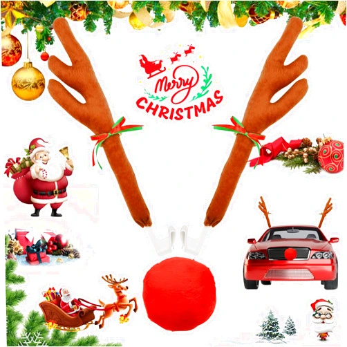 Horolas Christmas Car Decorations Car Reindeer Antlers and Nose with Jingle Bells for Window Top and Front Grille, Vehicle Christmas Decorations