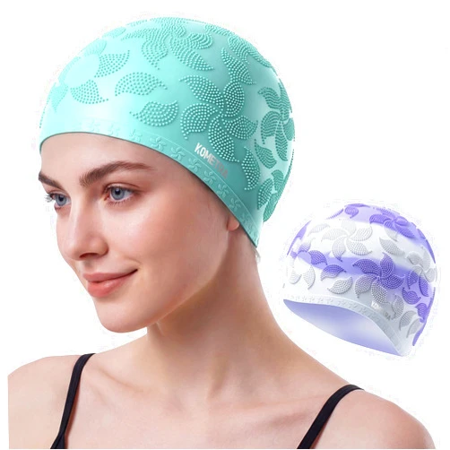 KOMETRA Women Swim Cap 2 Pack for Long Hair, Silicone Flower Adult Swiming Caps Waterproof for Girl Youth No Wet Hair