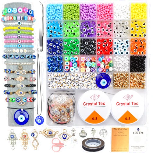 JIYIEW Evil Eye Bracelet Kit 4mm Glass Seed Beads Jewelry Making Kit with Evil Eye Beads, Evil Eye Charms, Clay Beads, Gold Spacer Beads and Elastic String for Mexican Bracelets DIY Crafts