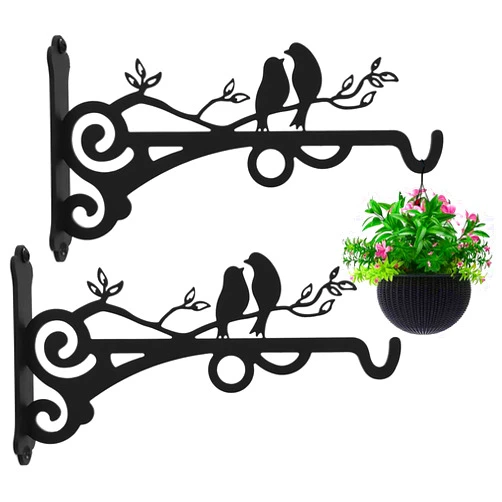 Qktxktzy Multipurpose Hanging Basket Plant Brackets Outdoor Indoor, Heavy Duty Solid Steel Plant Hangers, Wall Mounted Lantern Hooks for Garden Plants Flower Light Bird Feeder, Pack of 2 Black