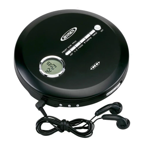 Jensen Portable CD Player Slim CD Personal MP3/CD/FM Radio Player with 60-Sec Skip Protection & FM Radio, LCD Display Bass Boost for CD, CD-R, CD-RW & Ear-Buds (Black Series Edition Model)