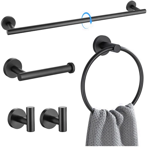 Jkhobaiy 5-Pieces Matte Black Bathroom Hardware Accessories Set, Including 24 Inch Bath Towel Bars, Toilet Paper Holders, Towel Rings, Robe Towel Hooks, Bathroom Towel Rack Set