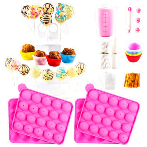 Nice Kitchen Cake Pop Maker Kit with 2 Silicone Mold Sets with 3 Tier Cake Stand, Chocolate Candy Melts Pot, Silicone Cupcake Molds, Paper Lollipop Sticks, Decorating Pen with 4 Piping Tips, Bag and Twist Ties