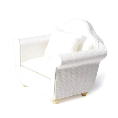 Cutemini Dollhouse Couch with Pillow 1 12 Scale Miniature Sofa Arm Chair Living Room Furniture Wooden Fabric Frame Single Reading Chair Artificial House Room Scene Decoration (White)