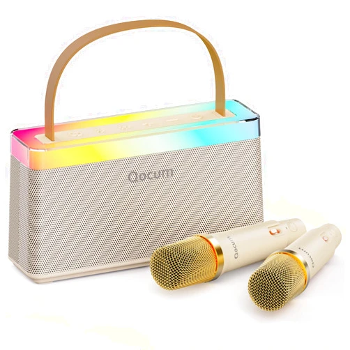 QOCUM Karaoke Machine for Kids, Mini Karaoke Machine with 2 Wireless Microphones, Dual Speakers, RGB Dance Light, Voice Changer, TWS Mode, Perfect as Birthday Toy Gift for Kids Aged 4-12(Brown)