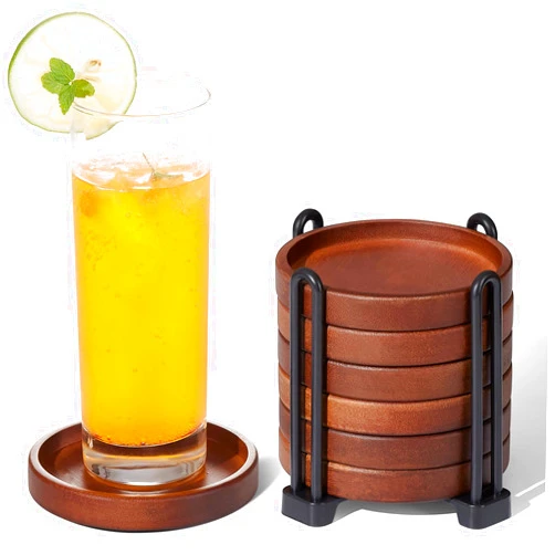 Yangbaga Set of 6 Wooden Coasters with Holder-Coffee Table Coasters for Drink, Wood Coaster Set for Modern Home Decor, Home Dining Table Decor Cute Beer Bar Coasters Decorative Rustic Outdoor Coasters