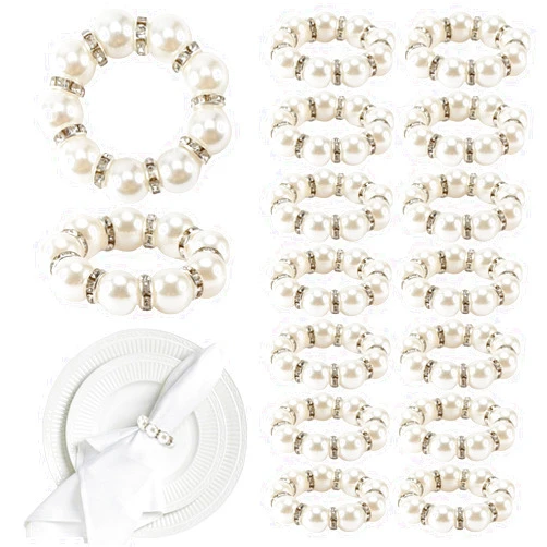 HKZTUY 30PCS Pearl Napkin Rings, Silver Napkin Ring Holder, Wedding Beaded White Napkin Rings, Rustic Napkin Rings Bulk for Formal Dinner Reception Party Banquet Table Decor