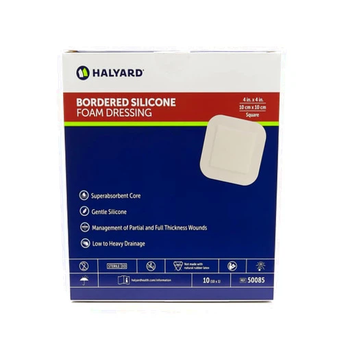 HALYARD Multi-Layer Bordered Silicone Foam Dressing, Gentle Adhesive with Superabsorbent Core, Conformable & Breathable Water Resistant Protective Film Backing, 4 Inchesx4 Inches (Box of 10)