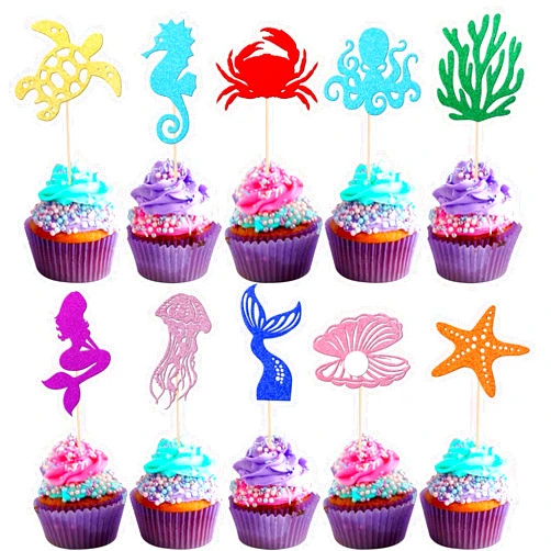 ZHUOWEISM 30 PCS Mermaid Cupcake Toppers Glitter Starfish Coral Mermaid Tail Cupcake Picks Octopus Seahorse Jellyfish Cake Decorations for Under the Sea Mermaid Theme Baby Shower Birthday Party Supplies