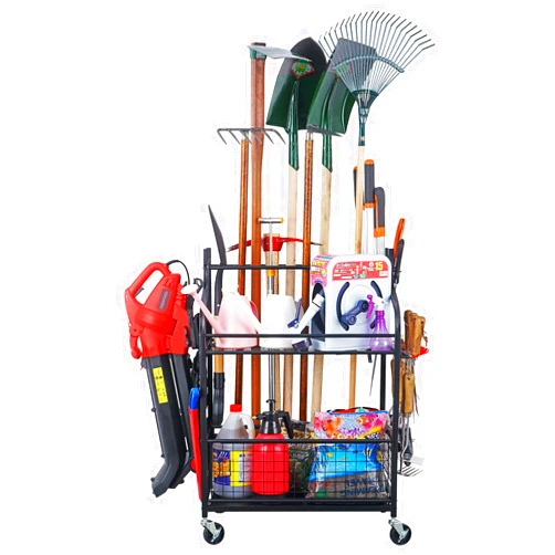 Mythinglogic Garden Alloy Steel Tool Organizer for Garage-Yard Racks with Wheels,Garage Organizers and Storage Hold Tools,Yard Holder Garage/Shed,Garden tool stand, Medium, Black