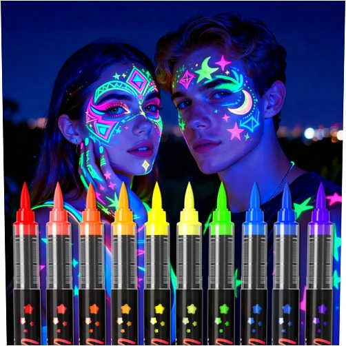 Xkmywhhs 10-color glow-in-the-dark body painting, UV neon face paint brush, glow-in-the-dark face paint set, washable skin tattoo pen, Halloween party makeup (10 colors)