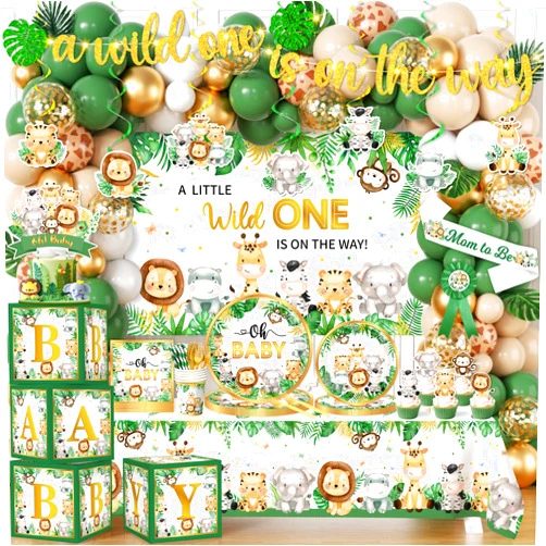 Bezkega Safari Baby Shower Decorations,262pcs Wild Birthday Decorations Jungle Baby Shower Decorations Plates and Napkin Cups Backdrop Banner Tablecloth Balloons Garland Boxes,Serves 20